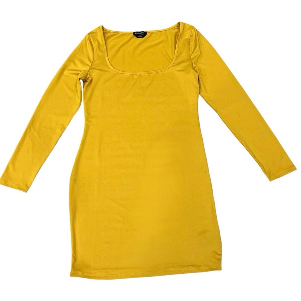 Bebe Mustard Gold Bodycon Mini Dress Y2K Club Party Long Sleeve - Picture 3 of 9